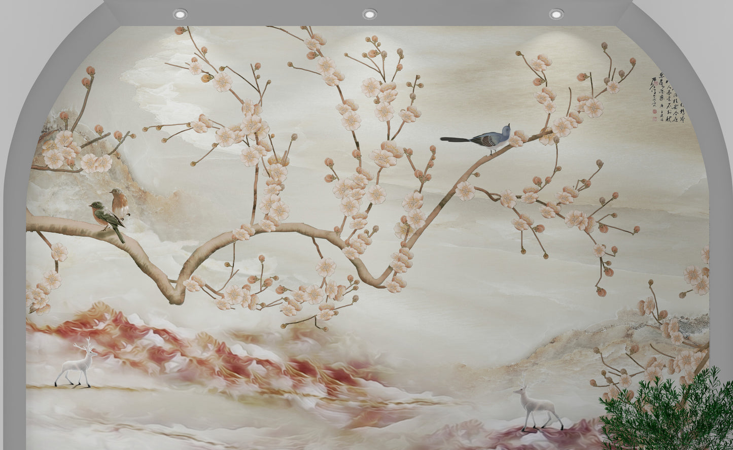 Große Chinoiserie-Tapete, Botanisches orientalisches Wandbild, Beige Tapete mit Vögeln, Abziehbare und klebende Tapete, Akzent selbstklebende Tapete