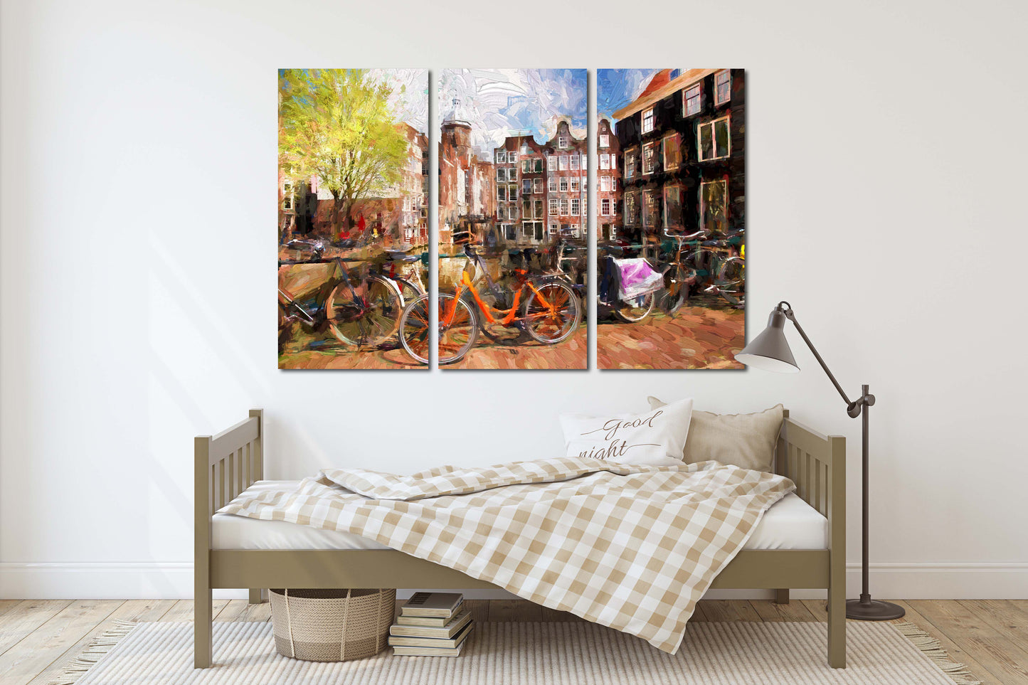Vintage wall art paintings on canvas, home decor, city multi panel wall art, canvas print, trendy wall art, city street art bicycle wall art