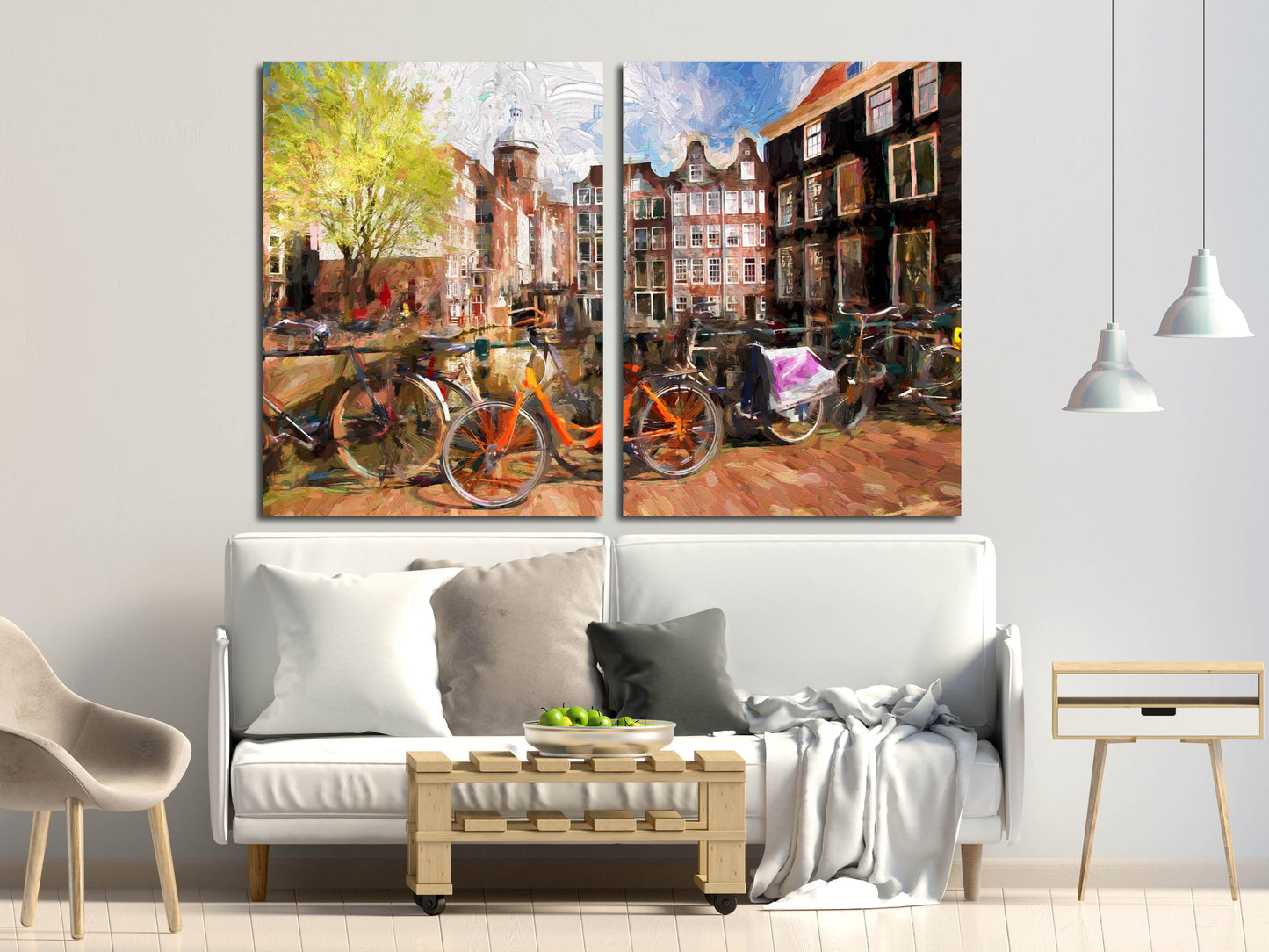 Vintage wall art paintings on canvas, home decor, city multi panel wall art, canvas print, trendy wall art, city street art bicycle wall art