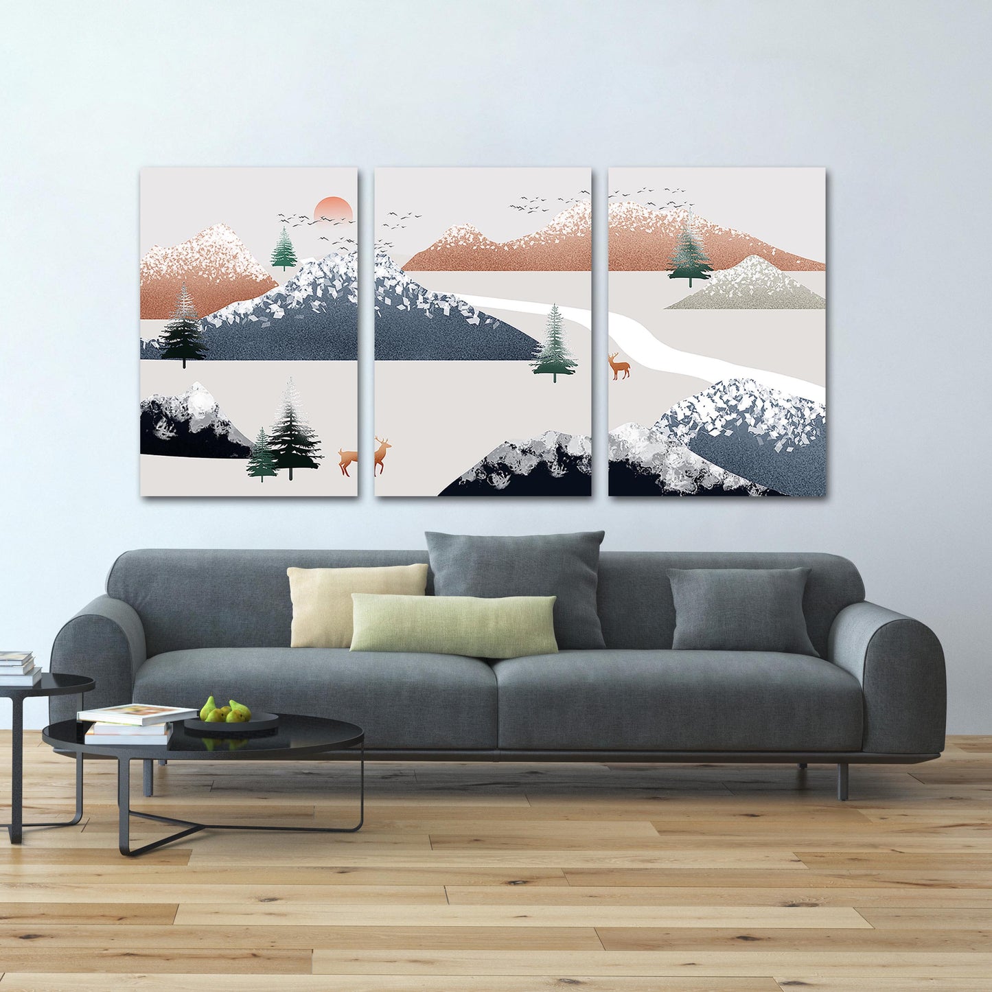 Framed wall art mountains Golden deer Rocks and mountains Smoky mountains wall art 3 panel canvas Home wall decor