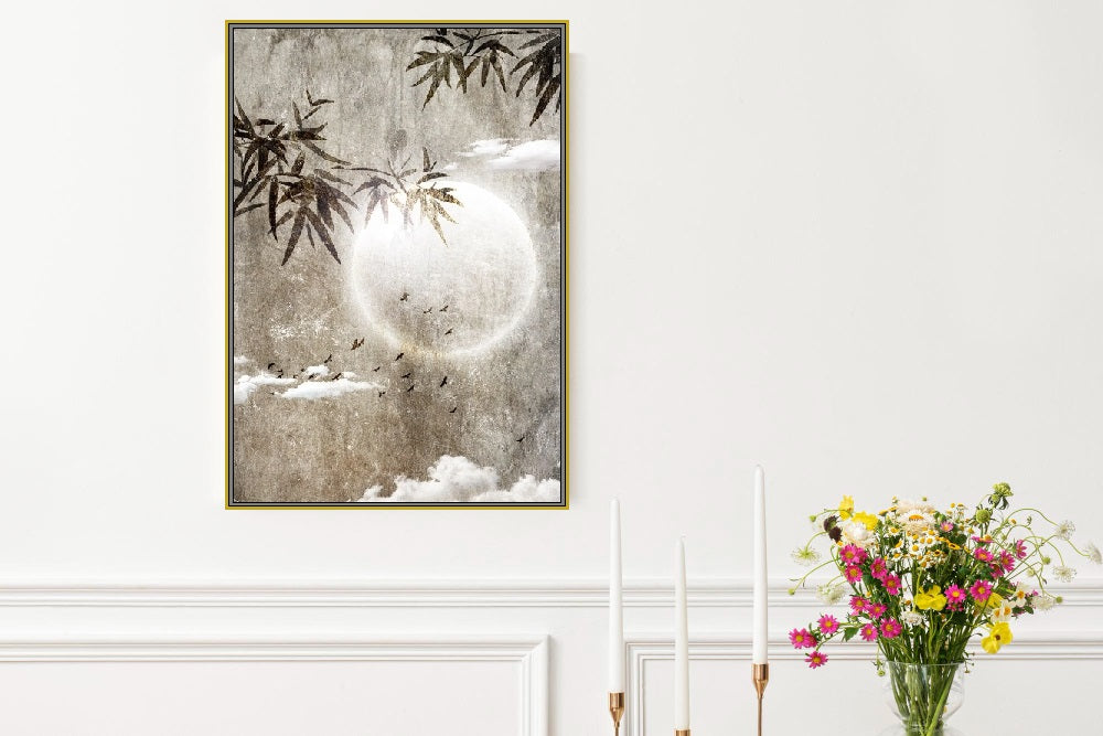Wandkunst im orientalischen Stil, großer Leinwanddruck mit Mond im Floater-Rahmen, modernes gerahmtes tropisches Kunstwerk, druckbare Naturwandkunst fürs Wohnzimmer