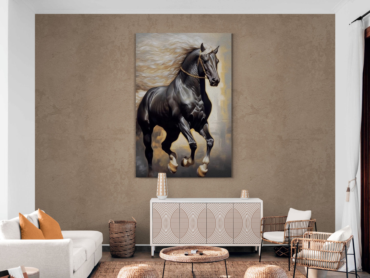Großes Pferdebild, Tier-Leinwanddruck im Floater-Rahmen, druckbares schwarzes Pferdebild, gerahmte Wandkunst fürs Wohnzimmer, Wandkunst mit Aluminiumrahmen