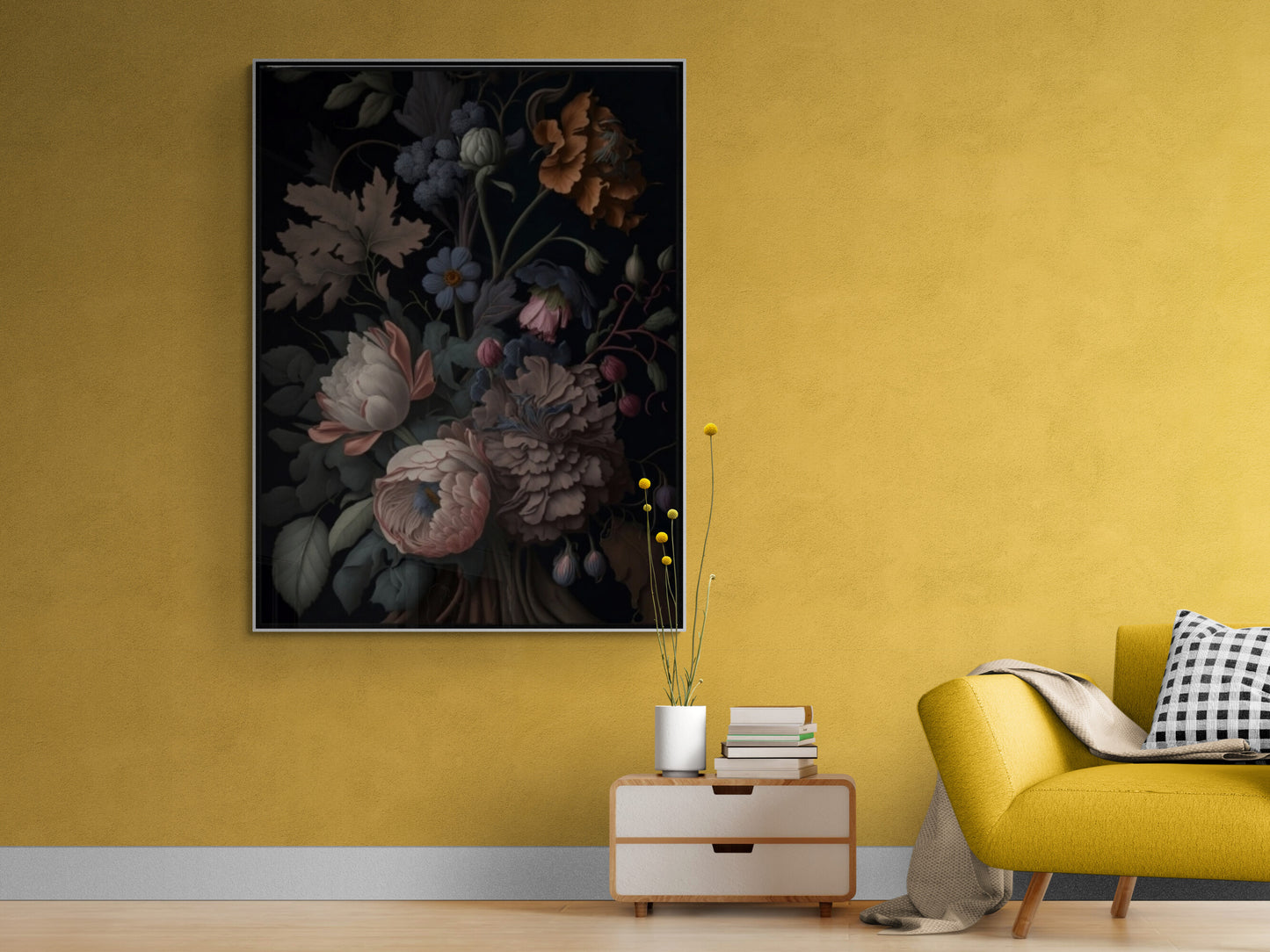 Extra großes Pfingstrosen-Wandbild, dunkler Blumendruck im Floater-Rahmen, botanischer Leinwanddruck, gedrucktes Blumenkunstwerk, Schlafzimmer-Leinwanddruck