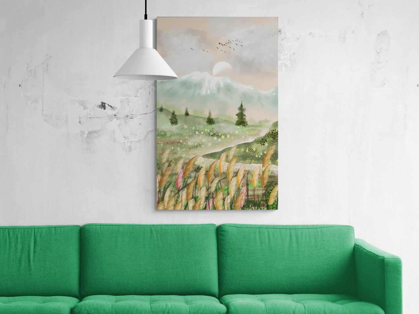 Gerahmte Panorama-Wandkunst, großer Natur-Leinwanddruck, farbenfroher Landschaftskunstdruck, Bergwandkunst, botanischer Leinwanddruck, Kunstdruck mit grünen Feldern, Wohnzimmerwandkunst, Geschenk für die Patentante