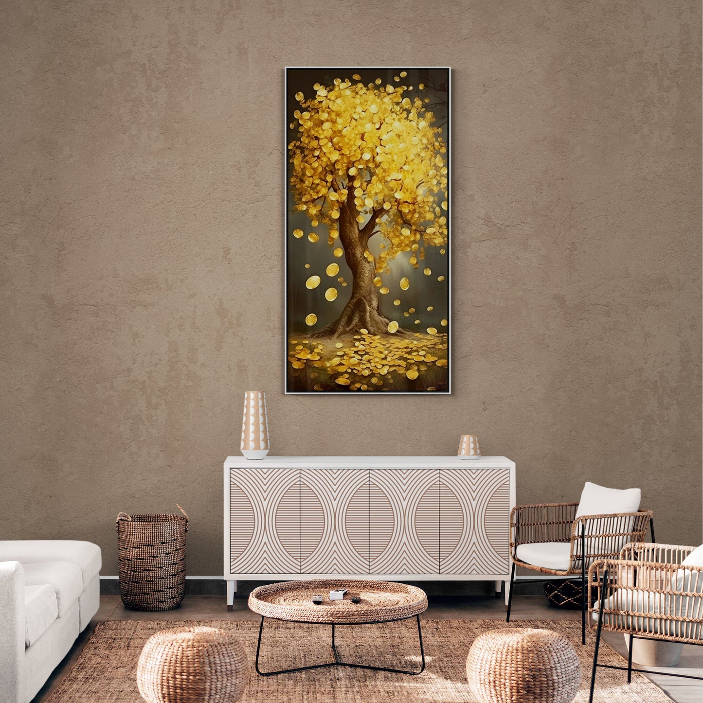 Money tree art print, framed golden tree wall art, vertical botanical wall art, modern living room wall art, fantasy art print, gift for boss