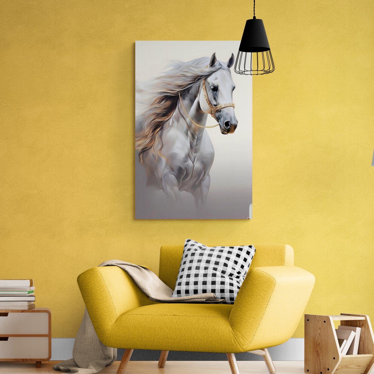 Horse wall art, framed canvas print with animal image, artwork with image of large white horse, vertical art print, gift for horse lovers, living room wall art