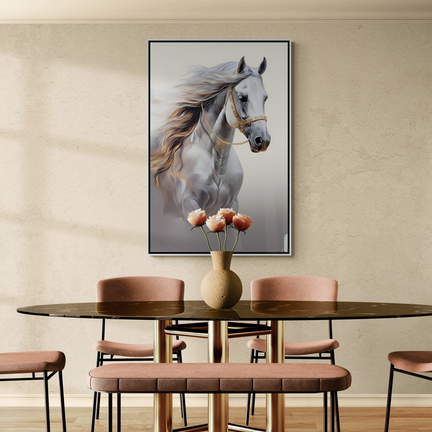 Horse wall art, framed canvas print with animal image, artwork with image of large white horse, vertical art print, gift for horse lovers, living room wall art