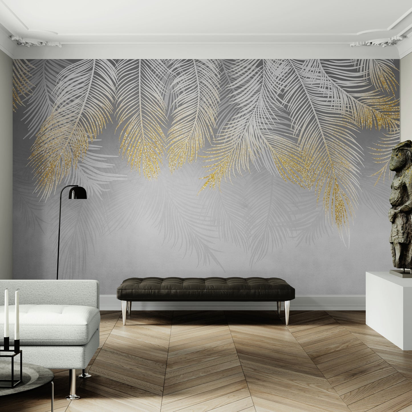 Federn Tapete, abstraktes Wandbild zum Abziehen und Aufkleben, abnehmbare Tapete für Wohnzimmer oder Schlafzimmer, Tapete mit Blättern