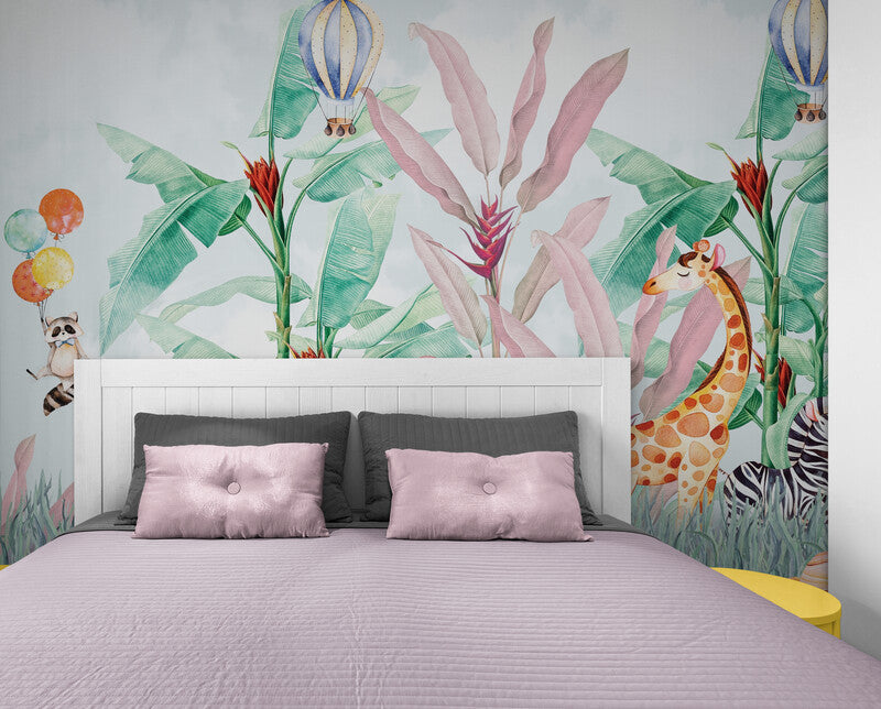 Kindertapete mit botanischem Bild, abziehbare und aufklebbare Kinderzimmertapete, temporäres Wandbild fürs Kinderzimmer