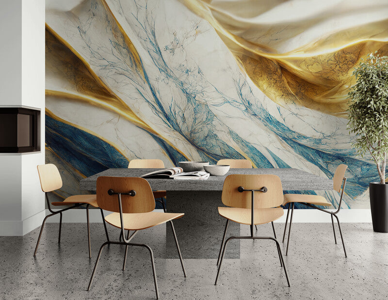 Extra große abstrakte Tapete für Wohnzimmer, Schlafzimmer, Büro, blaues, goldenes und weißes Wandbild, Tapete mit 3D-Effekt