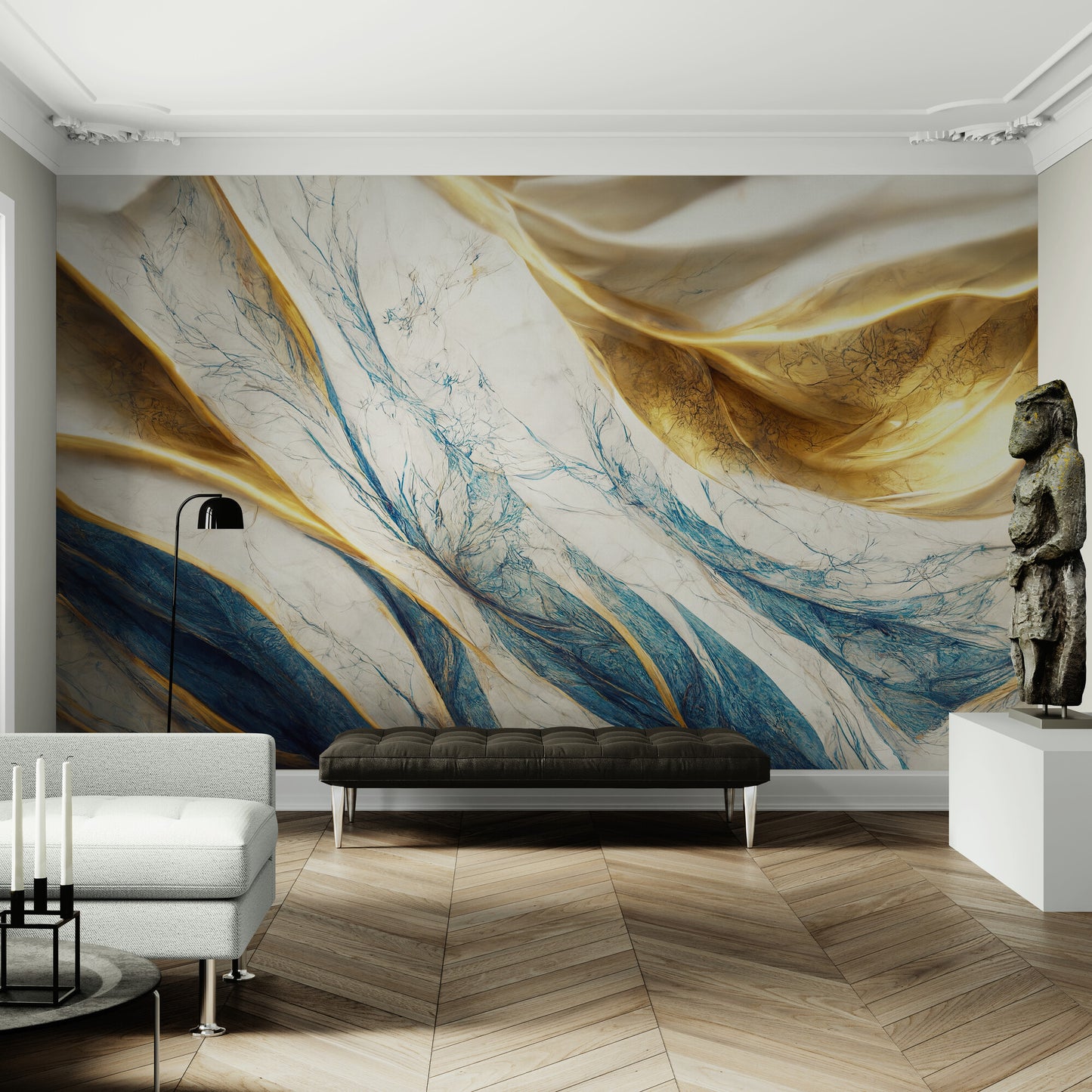 Extra große abstrakte Tapete für Wohnzimmer, Schlafzimmer, Büro, blaues, goldenes und weißes Wandbild, Tapete mit 3D-Effekt