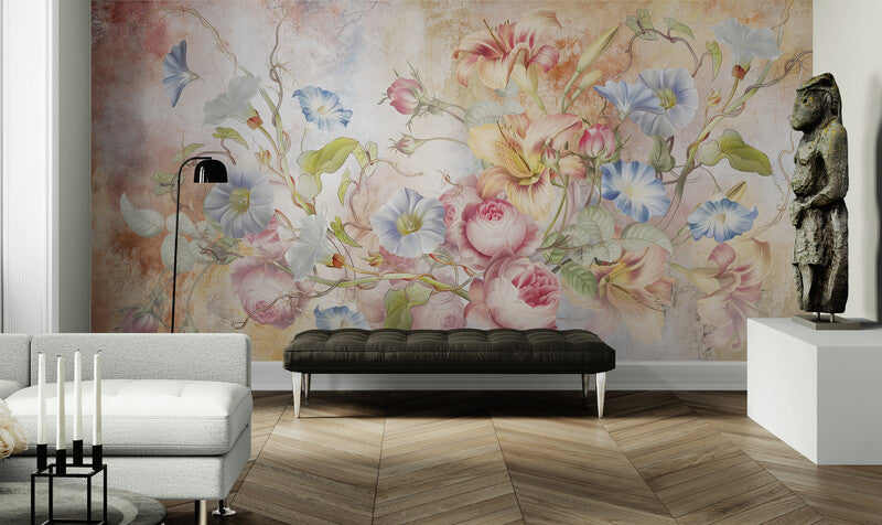 Extra große Blumentapete, abziehbares und aufklebbares Wandbild mit bunten Blumen, Akzenttapete für Wohnzimmer oder Schlafzimmer