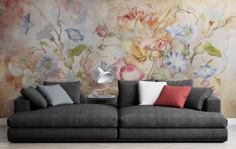 Extra große Blumentapete, abziehbares und aufklebbares Wandbild mit bunten Blumen, Akzenttapete für Wohnzimmer oder Schlafzimmer