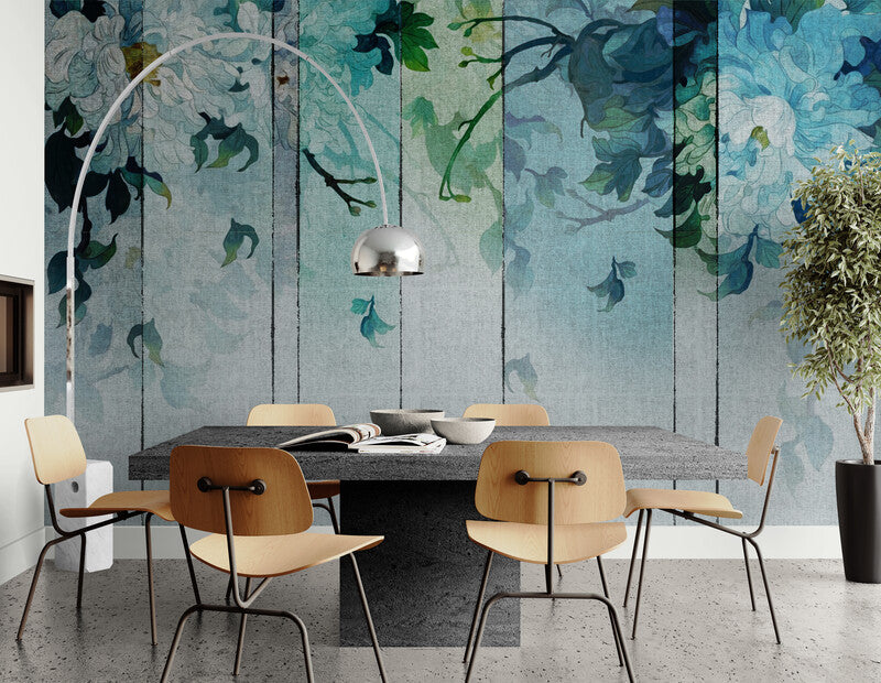 Tapete mit blauen Blumen, abstraktes Wandbild zum Abziehen und Aufkleben, Tapete mit zarten Blumen, extra große Wohnzimmertapete