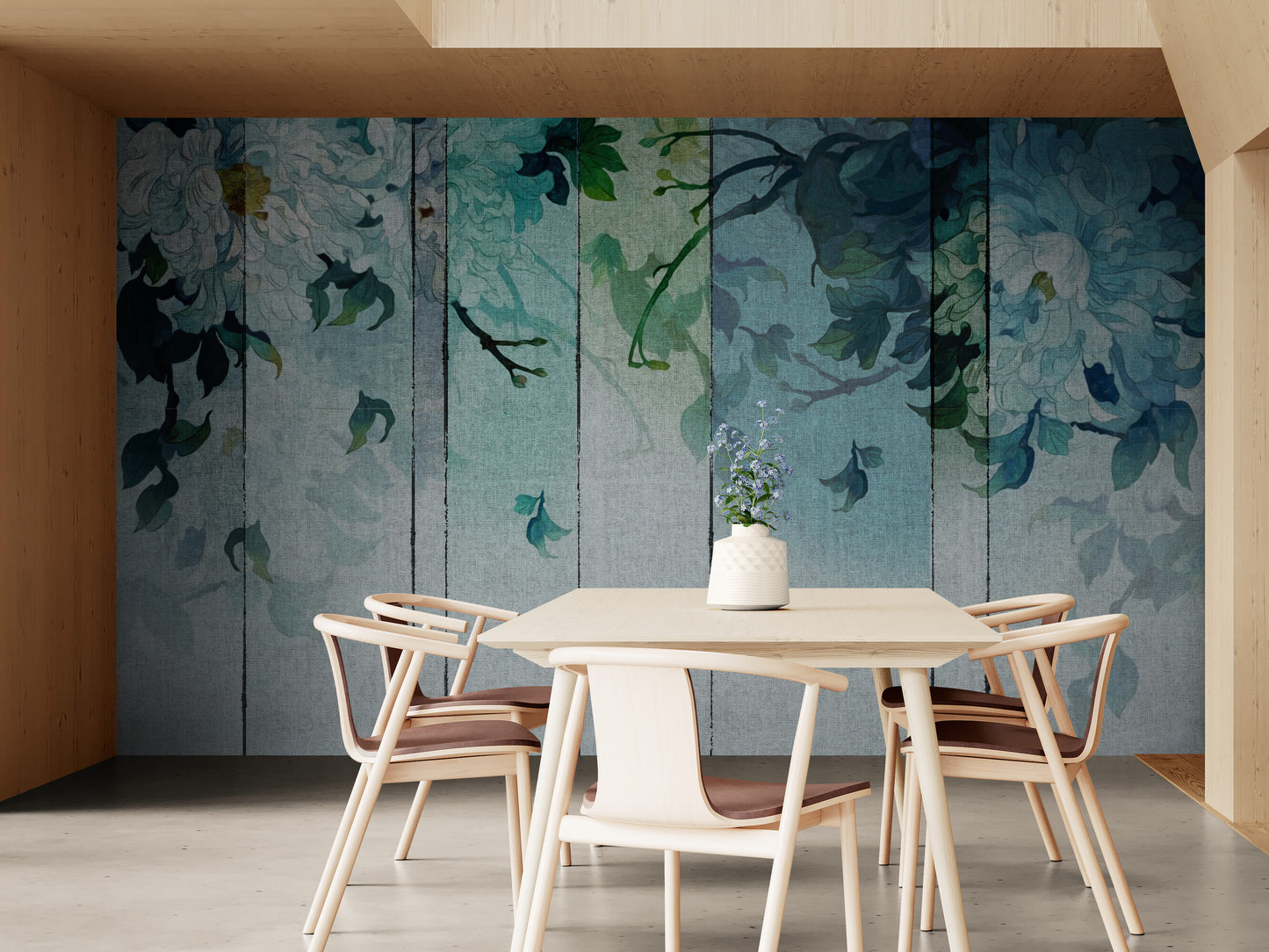 Tapete mit blauen Blumen, abstraktes Wandbild zum Abziehen und Aufkleben, Tapete mit zarten Blumen, extra große Wohnzimmertapete