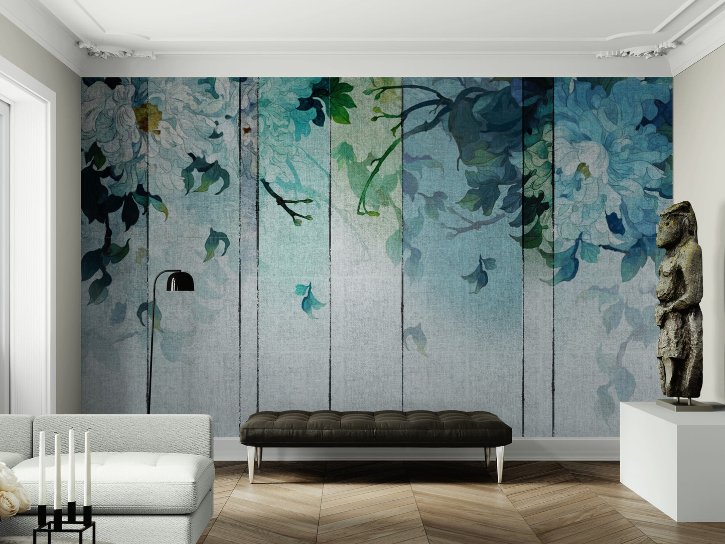 Tapete mit blauen Blumen, abstraktes Wandbild zum Abziehen und Aufkleben, Tapete mit zarten Blumen, extra große Wohnzimmertapete