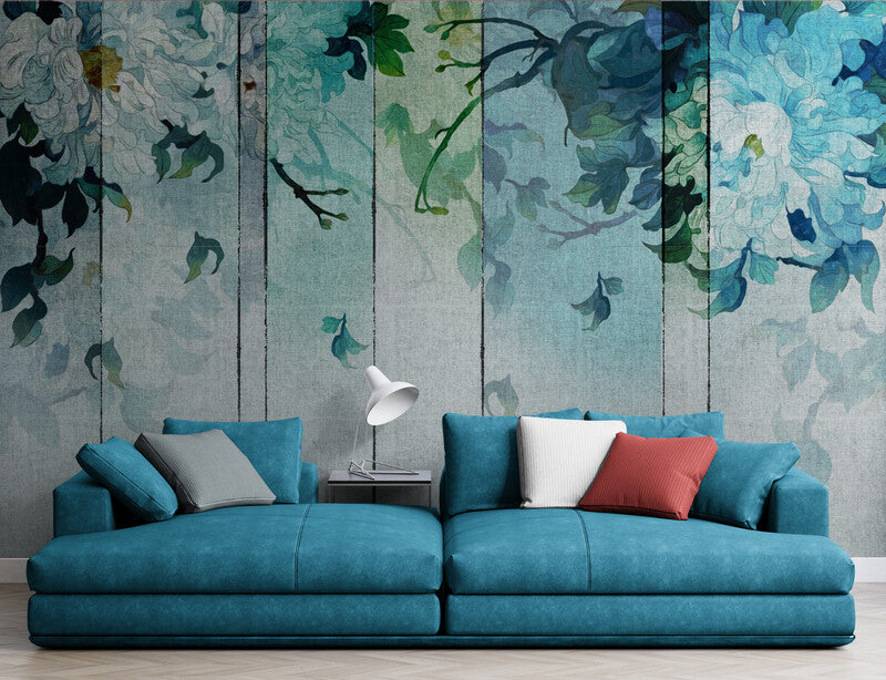 Tapete mit blauen Blumen, abstraktes Wandbild zum Abziehen und Aufkleben, Tapete mit zarten Blumen, extra große Wohnzimmertapete