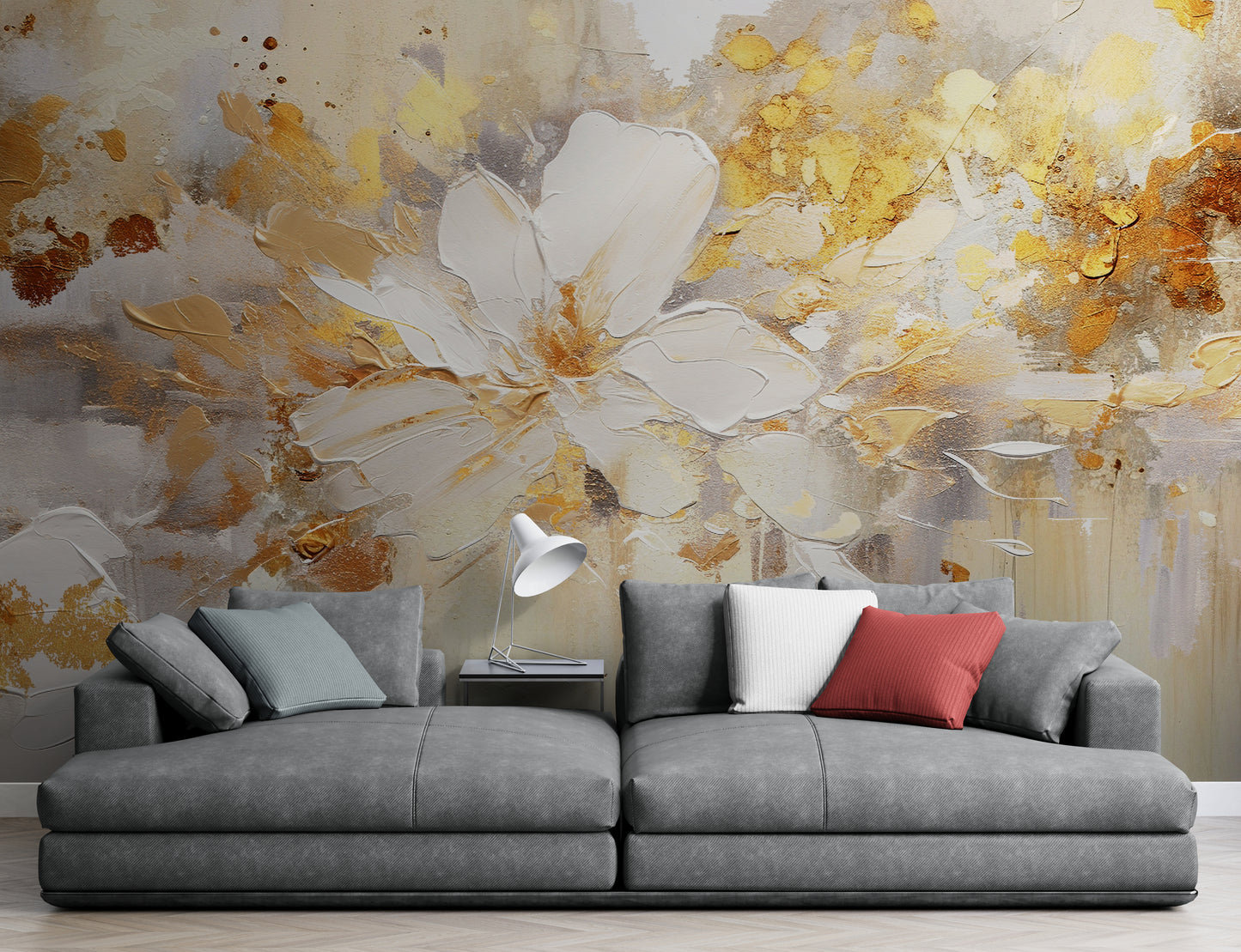 Flowers wallpaper, abstract floral wall mural, oil painting effect wallpaper peel and stick, self adhesive blue and gold wallpaper mural, removable wallpaper, temporary accent wall mural, living room wallpaper