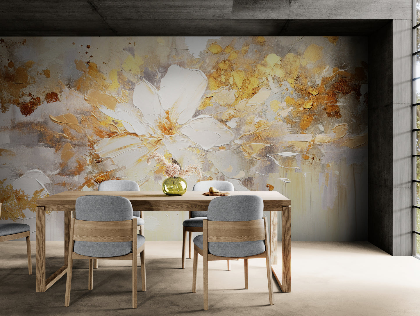 Flowers wallpaper, abstract floral wall mural, oil painting effect wallpaper peel and stick, self adhesive blue and gold wallpaper mural, removable wallpaper, temporary accent wall mural, living room wallpaper