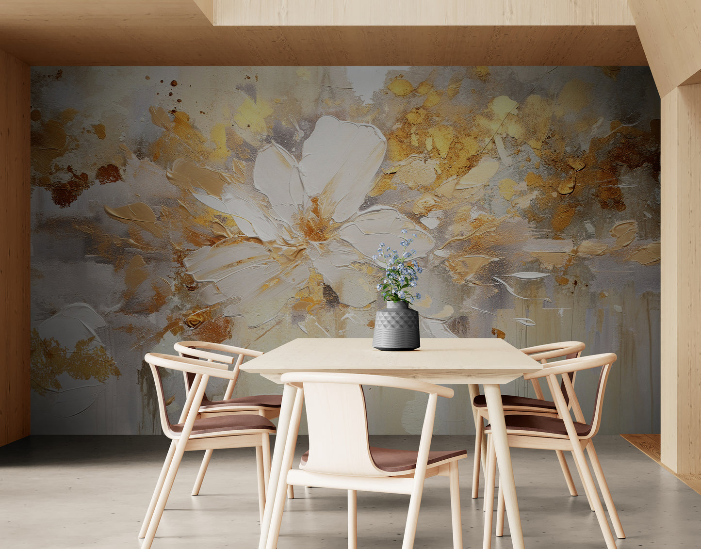 Flowers wallpaper, abstract floral wall mural, oil painting effect wallpaper peel and stick, self adhesive blue and gold wallpaper mural, removable wallpaper, temporary accent wall mural, living room wallpaper