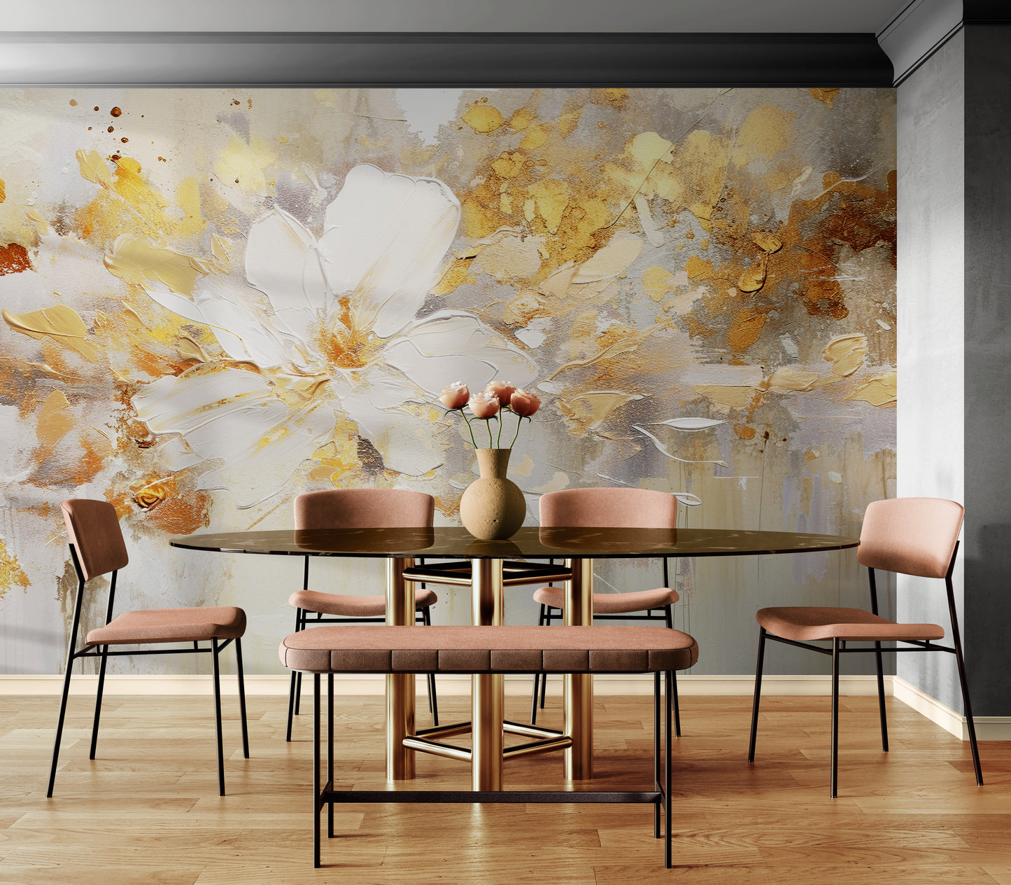 Flowers wallpaper, abstract floral wall mural, oil painting effect wallpaper peel and stick, self adhesive blue and gold wallpaper mural, removable wallpaper, temporary accent wall mural, living room wallpaper