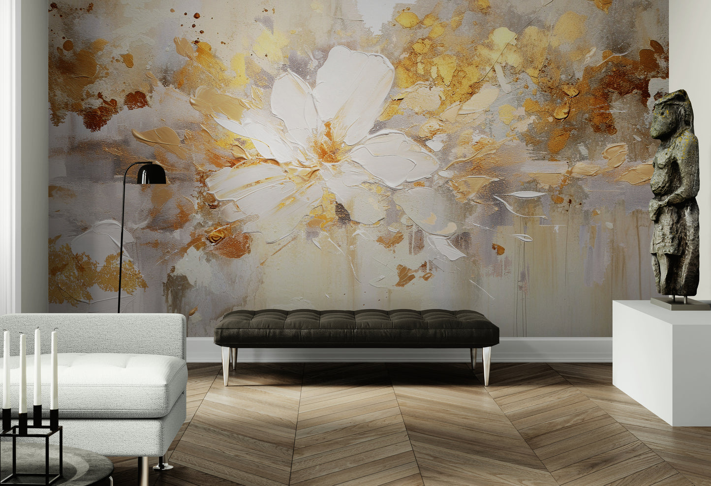 Flowers wallpaper, abstract floral wall mural, oil painting effect wallpaper peel and stick, self adhesive blue and gold wallpaper mural, removable wallpaper, temporary accent wall mural, living room wallpaper