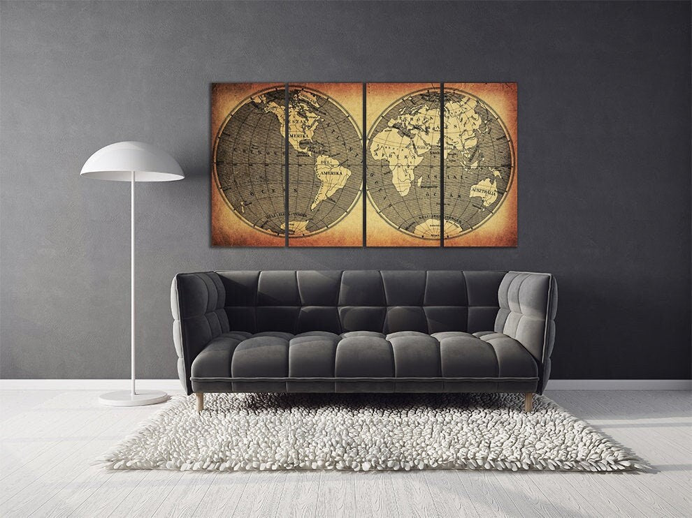 World map wall art paintings on canvas home wall decor canvas painting vintage world map custom world map living room art multi panel art