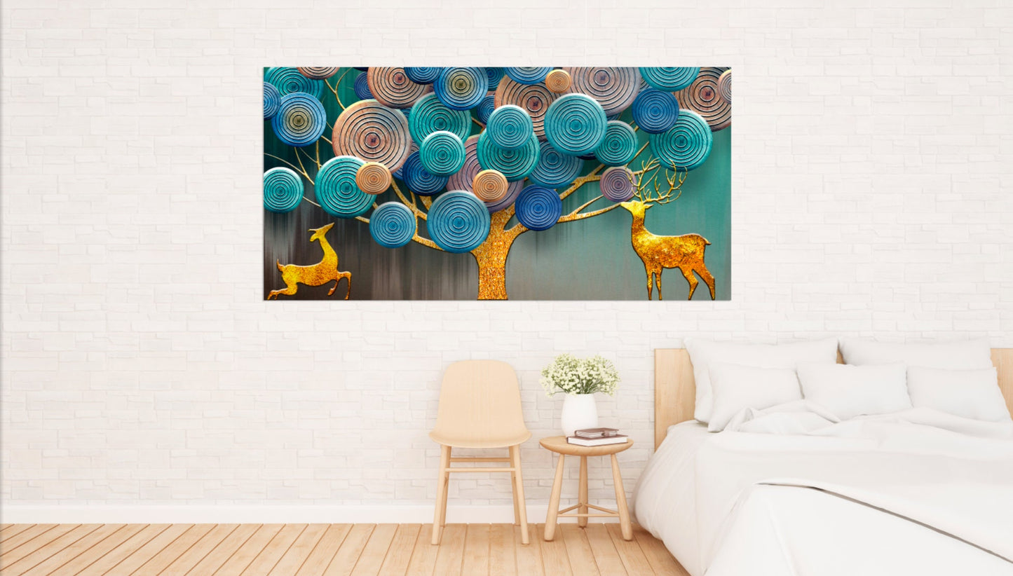 Goldener Hirsch druckbares Wohndekor Leinwandgemälde 3-teiliges Leinwandbild Waldlichterkette Waldtiere Figuren Bild Ornament