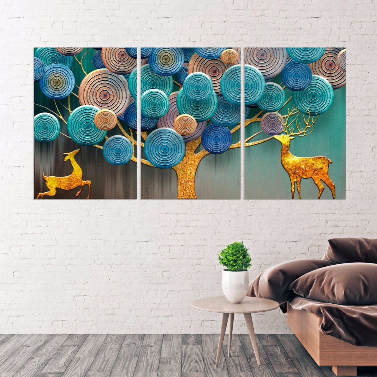 Goldener Hirsch druckbares Wohndekor Leinwandgemälde 3-teiliges Leinwandbild Waldlichterkette Waldtiere Figuren Bild Ornament