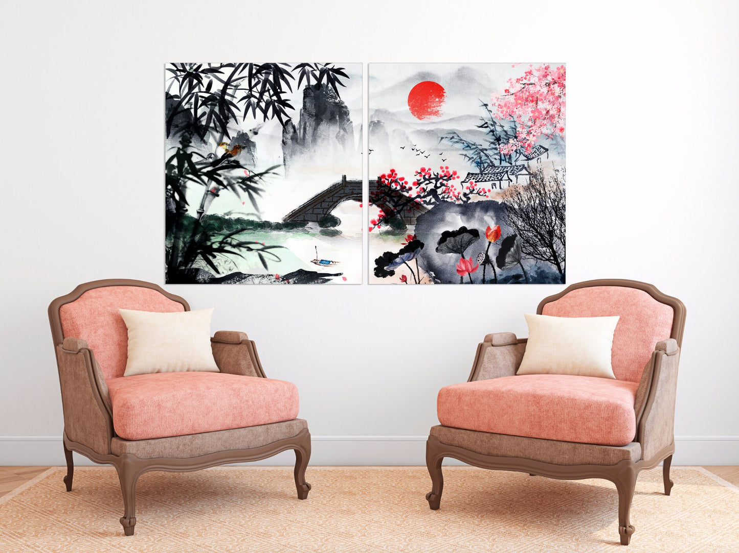 Sakura blossoms Outdoors mountains wall art Home wall decor Rocks and mountains 3 piece frame canvas Life is better at the lake