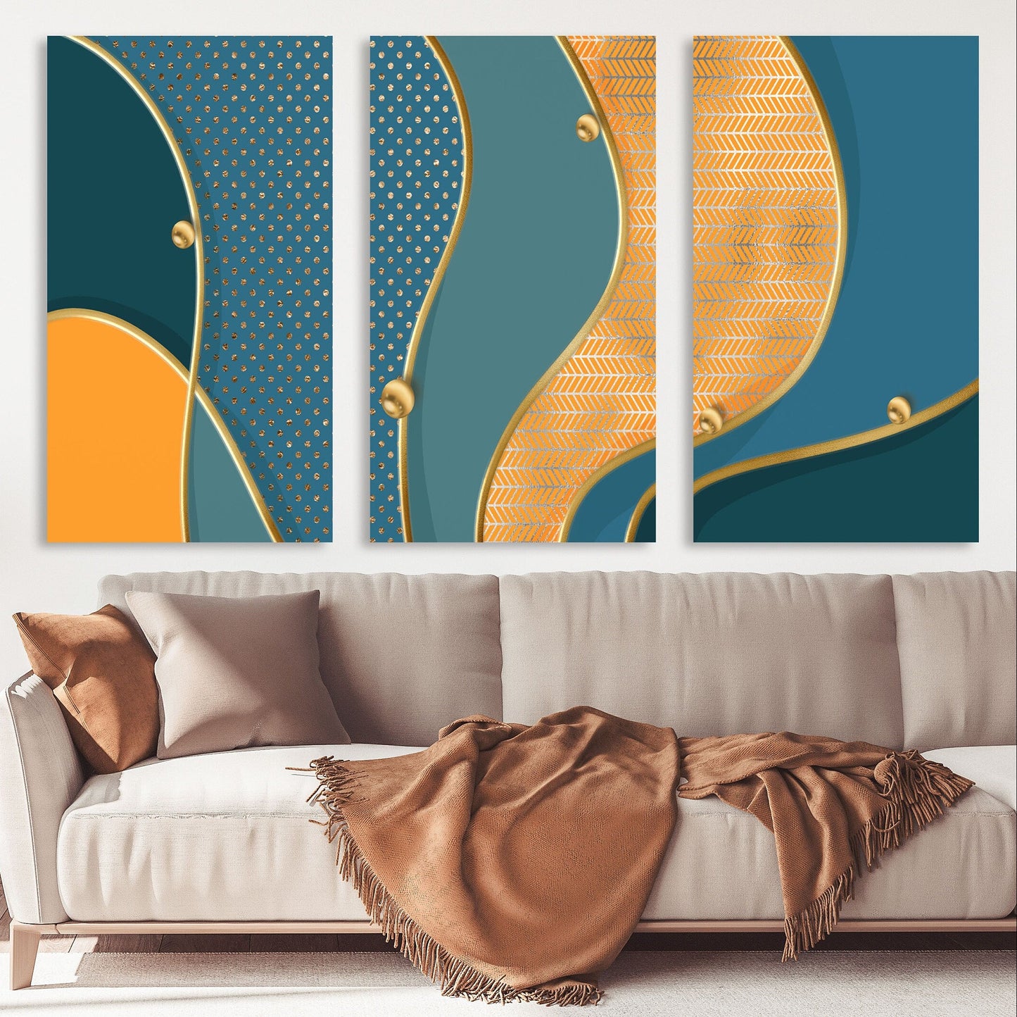 Modern abstract wall art with waves in blue colors, multi panel canvas room wall decor, extra larde set of three printable artworks