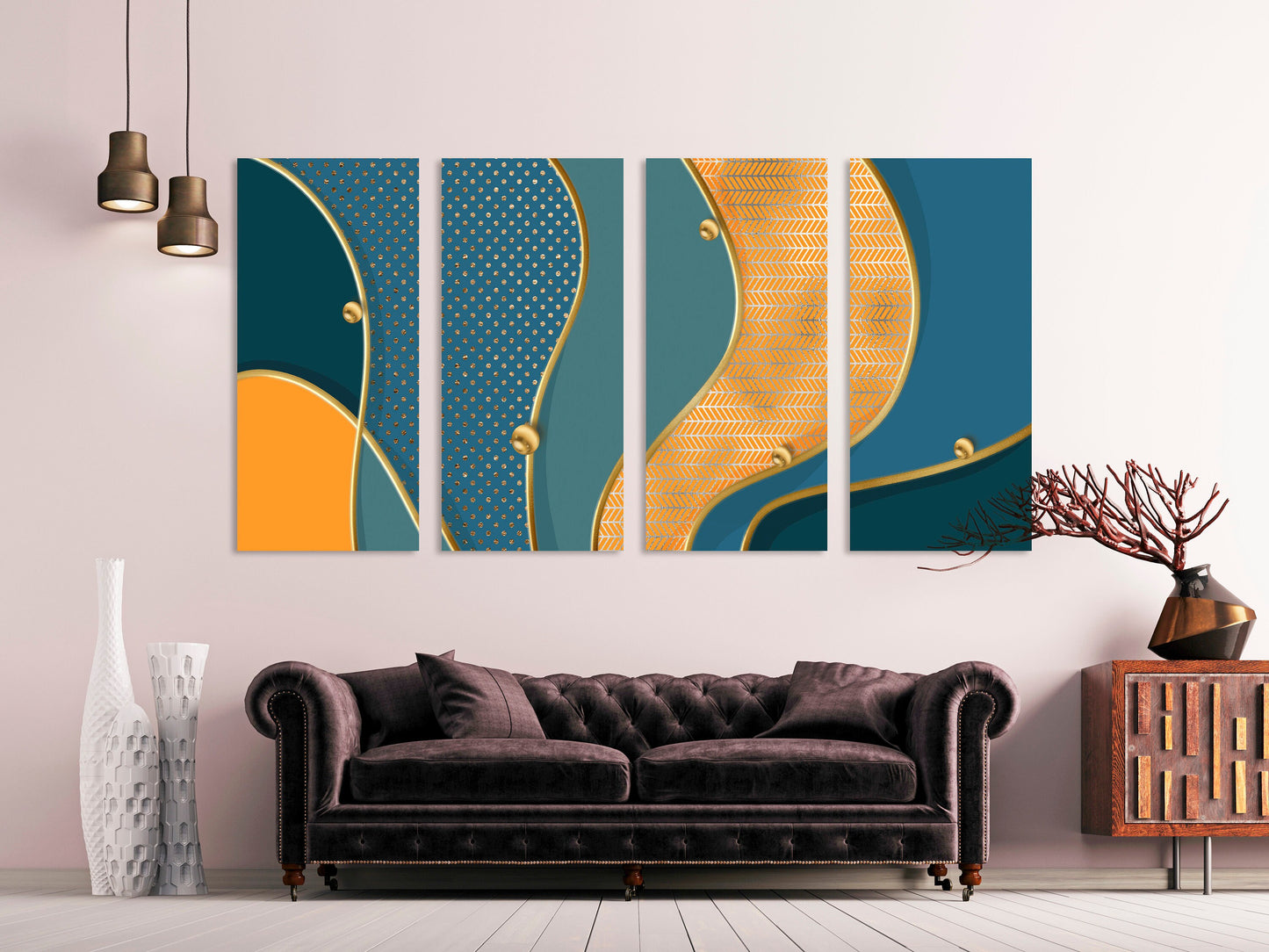 Modern abstract wall art with waves in blue colors, multi panel canvas room wall decor, extra larde set of three printable artworks
