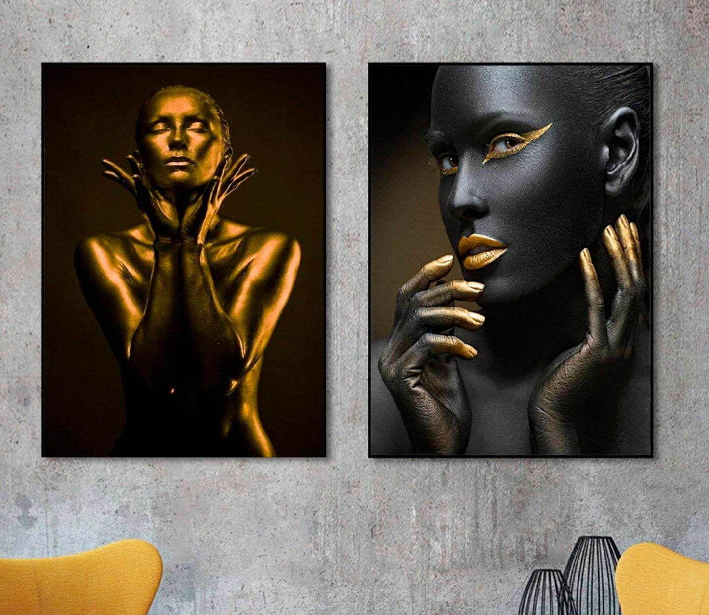 Moderne gerahmte Leinwandbilder, modische Wanddekoration für Zuhause in Gold und Schwarz, zweiteiliges Wandbild mit Frau im schwebenden Rahmen