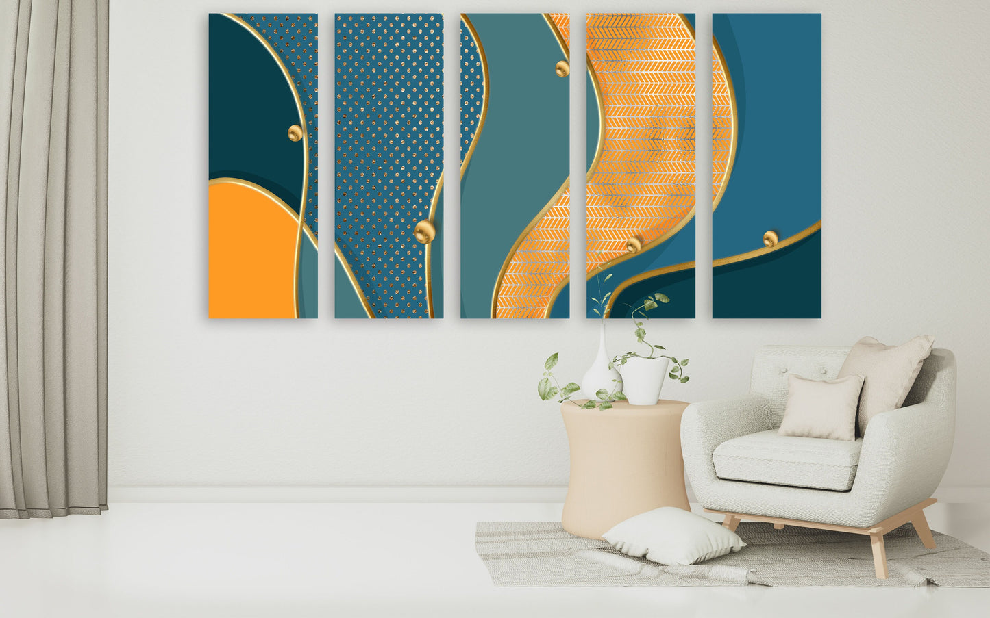 Modern abstract wall art with waves in blue colors, multi panel canvas room wall decor, extra larde set of three printable artworks