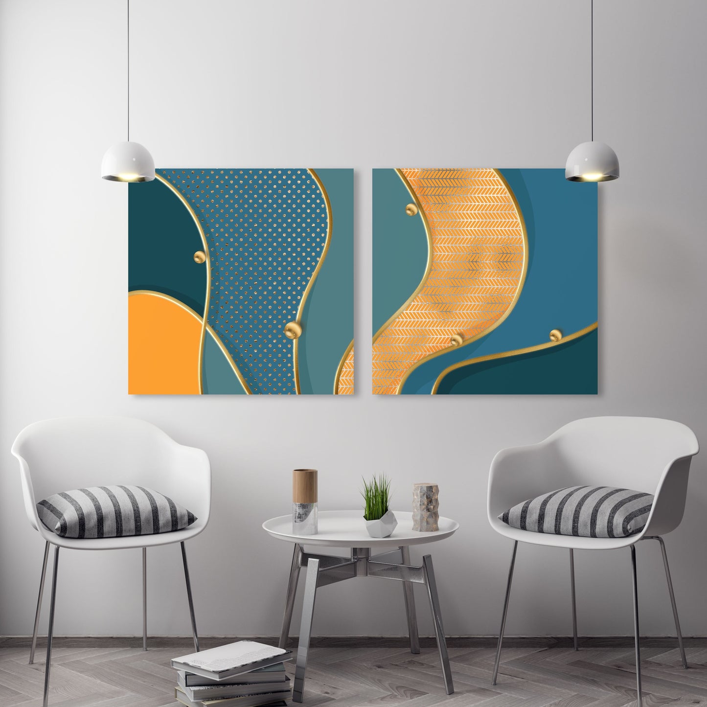 Modern abstract wall art with waves in blue colors, multi panel canvas room wall decor, extra larde set of three printable artworks