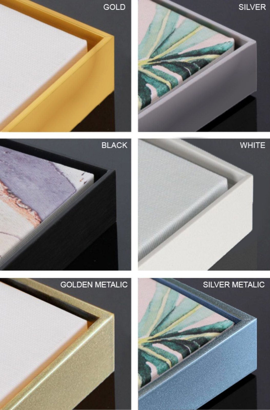 Abstraktes gerahmtes Leinwandbild mit blauen Bergen, großes druckbares Wandbild im Querformat in goldenem Schweberahmen, 3er-Set Kunstwerke für Zuhause