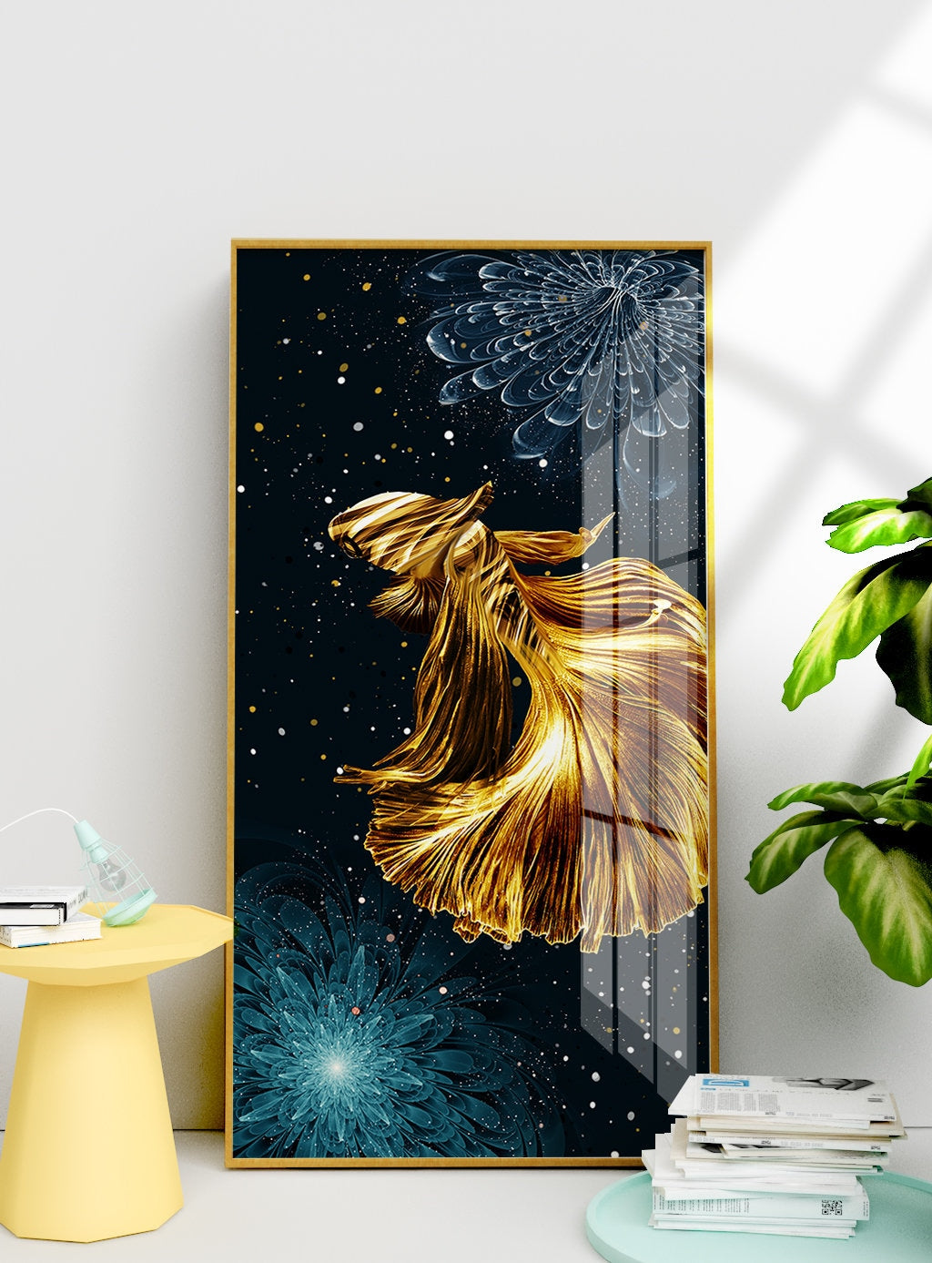 Abstrakte Leinwandbilder in Blau und Gold, modernes vertikales Wanddekor im Floater-Rahmen, extra große bunte Leinwandbilder