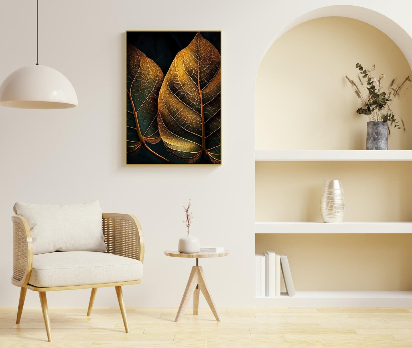 Extra große botanische Wandkunst, druckbares Blätterkunstwerk im schwebenden Rahmen, goldener Blatt-Leinwanddruck, dunkel gerahmte Wandkunst fürs Wohnzimmer