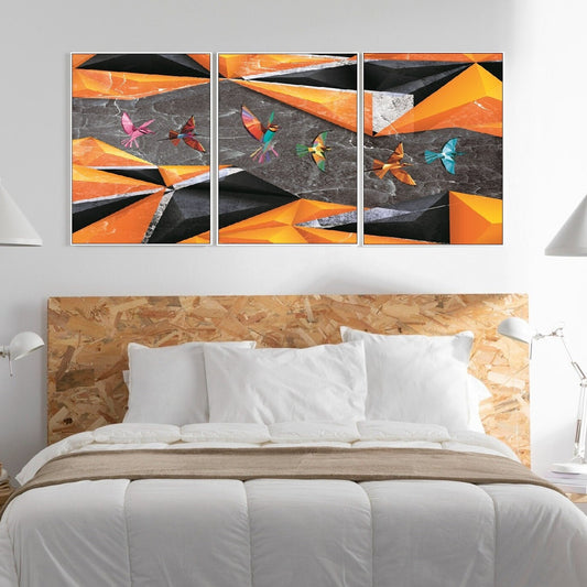 Dreier-Set großer gerahmter Leinwandbilder, abstrakte Wandkunst mit schwebendem Vogelrahmen, druckbare schwarz-orange Wanddekoration fürs Schlafzimmer
