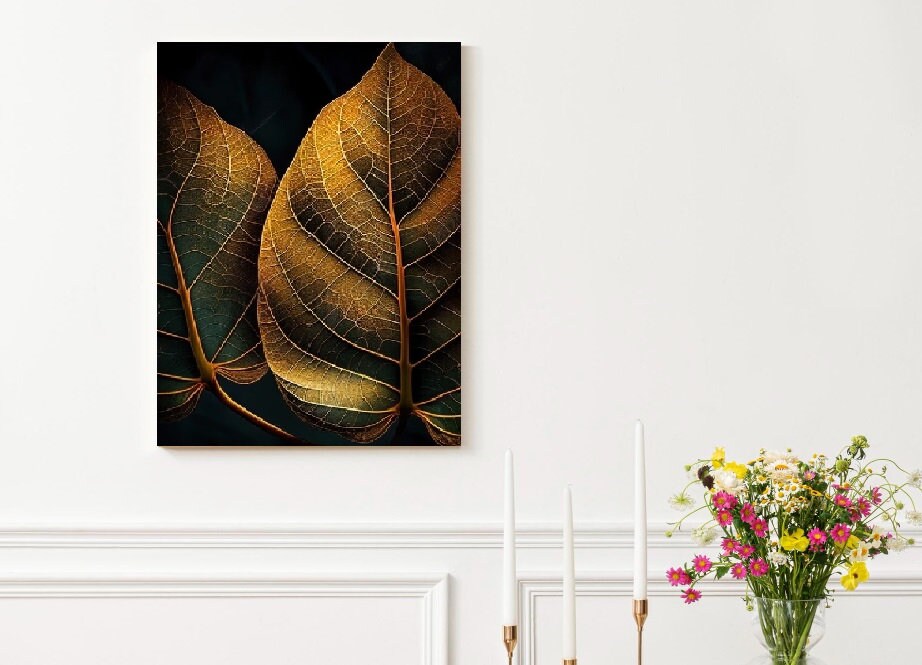 Extra große botanische Wandkunst, druckbares Blätterkunstwerk im schwebenden Rahmen, goldener Blatt-Leinwanddruck, dunkel gerahmte Wandkunst fürs Wohnzimmer
