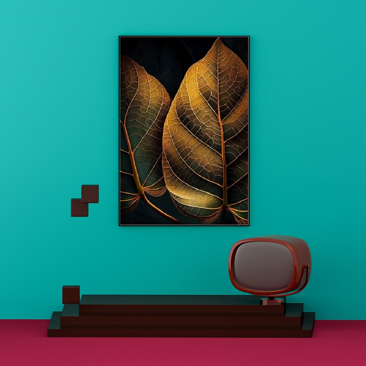 Extra große botanische Wandkunst, druckbares Blätterkunstwerk im schwebenden Rahmen, goldener Blatt-Leinwanddruck, dunkel gerahmte Wandkunst fürs Wohnzimmer