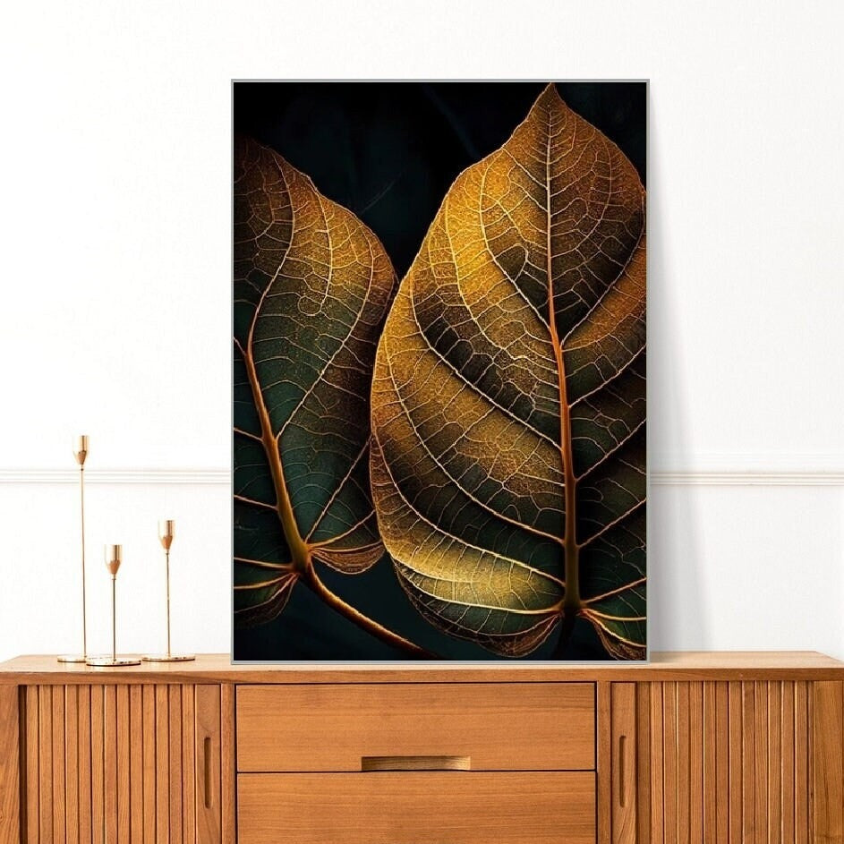 Extra große botanische Wandkunst, druckbares Blätterkunstwerk im schwebenden Rahmen, goldener Blatt-Leinwanddruck, dunkel gerahmte Wandkunst fürs Wohnzimmer