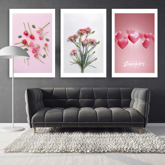 Blumen Wandkunst Gemälde auf Leinwand, Wanddekoration für Zuhause, druckbare Wandkunst 3er Set, Valentinstagsgeschenk, Herz Dekor Wand, druckbare Kunst