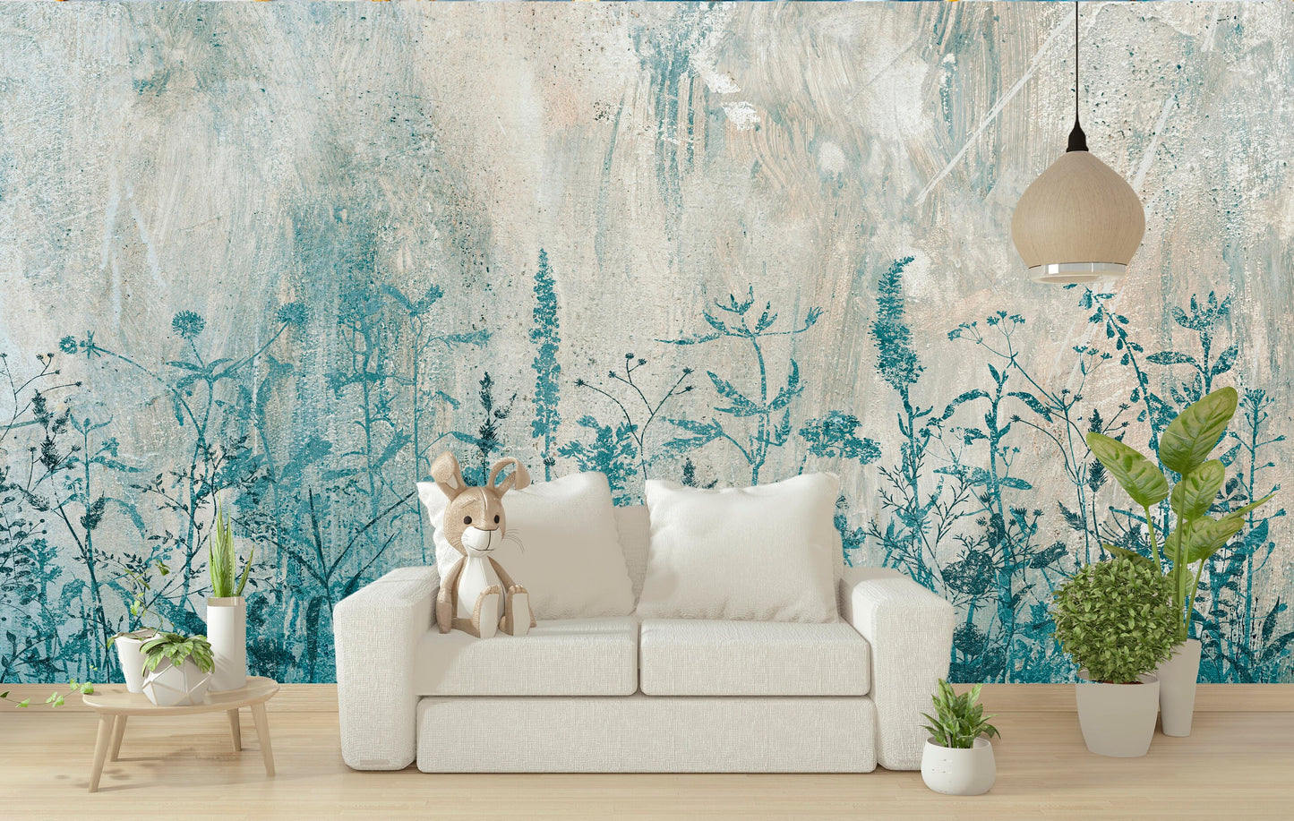 Botanical self adhesive wallcovering, large peel and stick grass wallpaper, accentual blue white wall decal, removable canvas wall mural