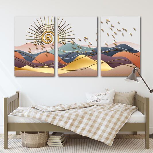 Golden sun Rocks and mountains 3 panel canvas Home wall decor Outdoors mountains wall art Canvas painting