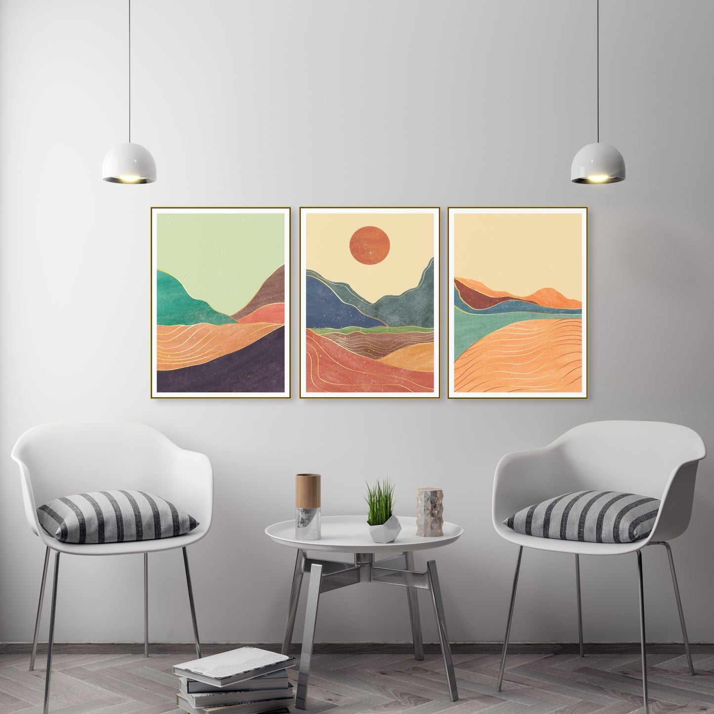 Mid century modern abstract mountain wall art canvas, printable wall art set of 3, minimalist wall art, geometric canvas painting