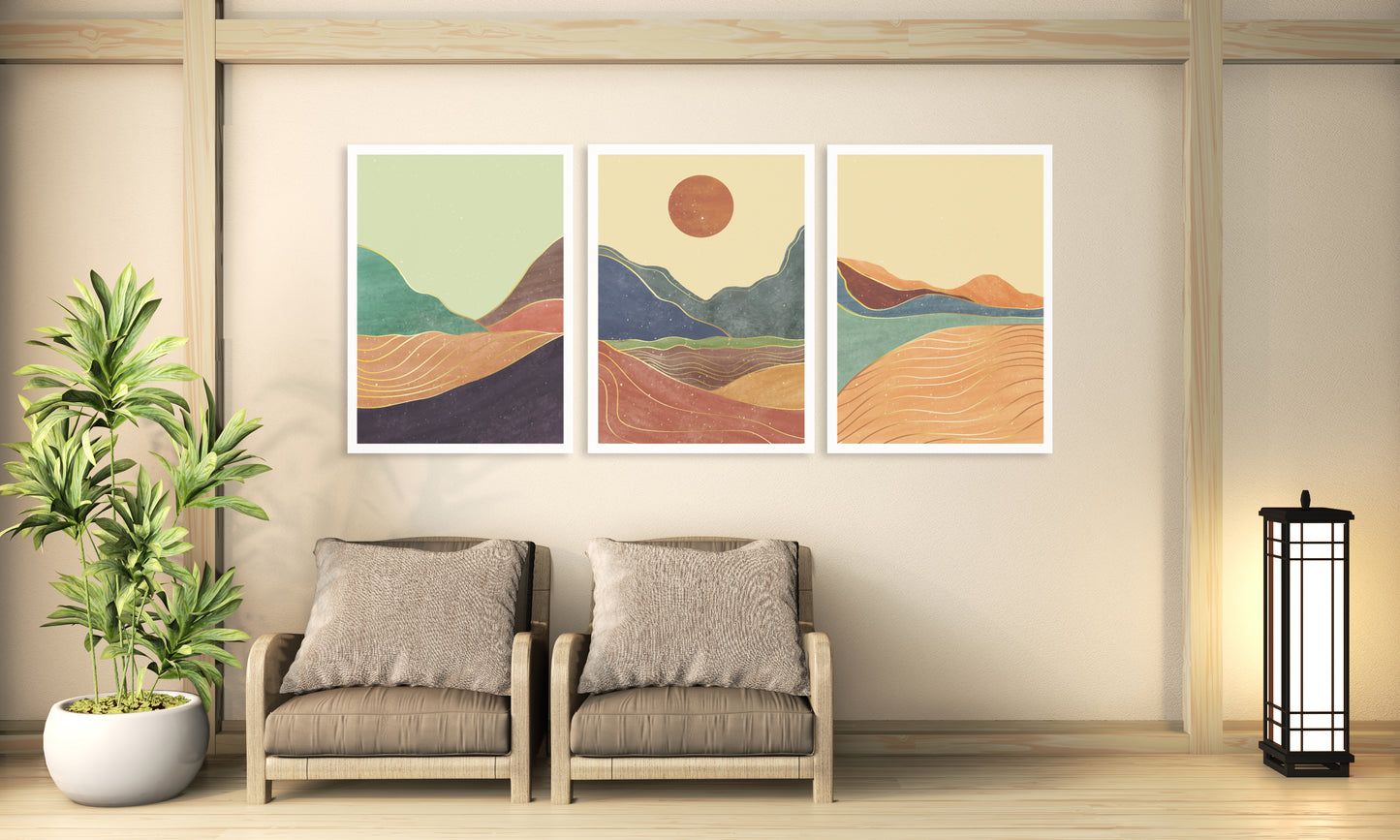 Mid century modern abstract mountain wall art canvas, printable wall art set of 3, minimalist wall art, geometric canvas painting