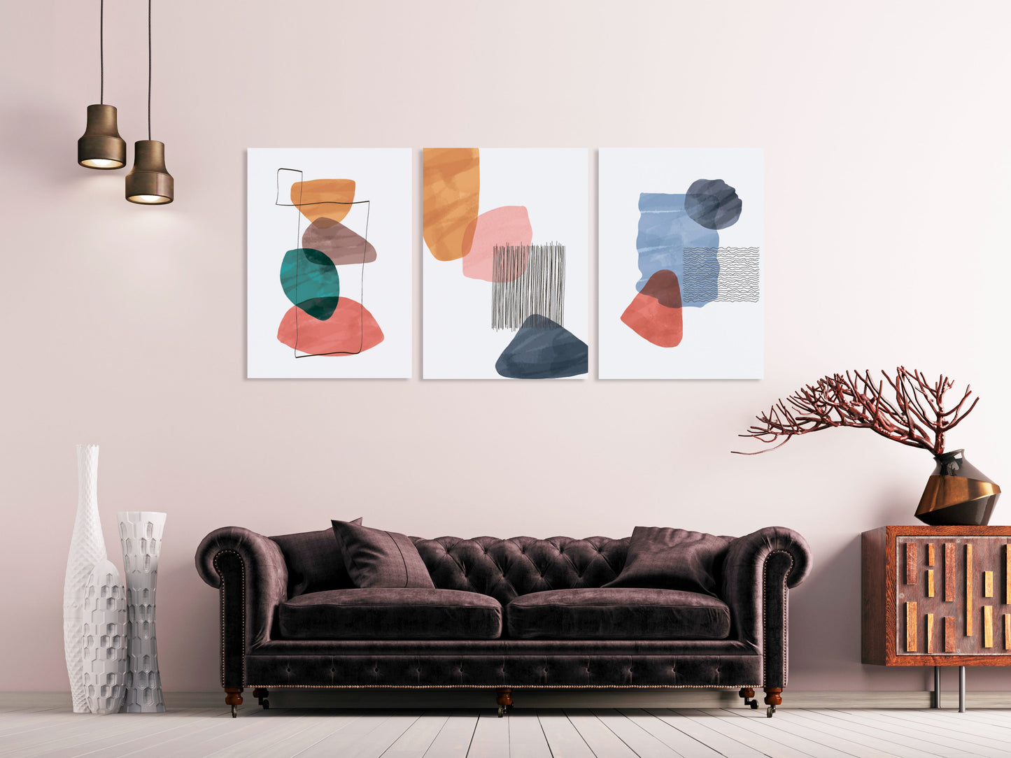 Mid century modern abstract wall art, printable wall art set of 3, minimalist wall art, geometric canvas painting