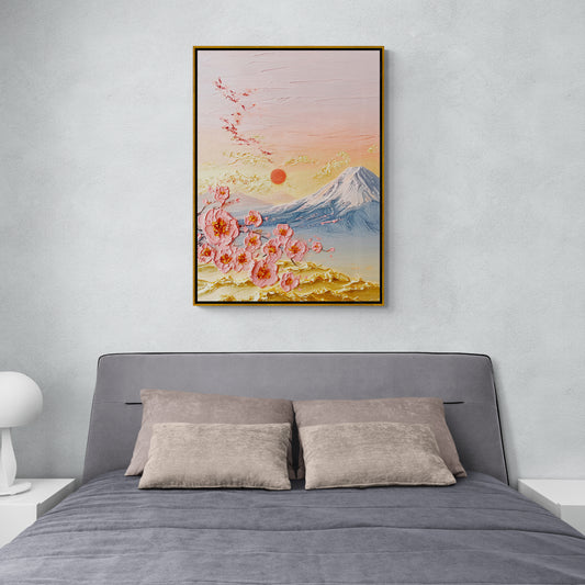 Japandi wall art, framed chinoiserie wall art, large oriental artwork, nature art print, mountains wall art, sakura blossom artwork, floral wall art, gift for her, above bed wall art