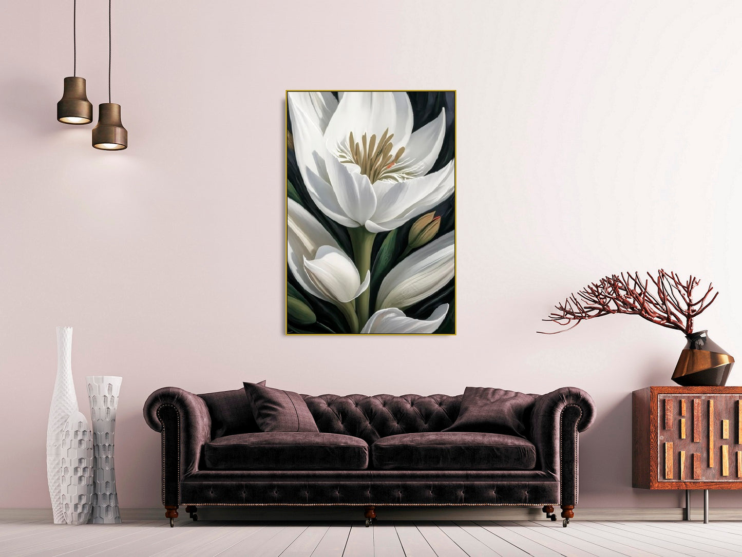 Large flower wall art, printable white flowers floating frame canvas artwork, botanical hanging wall decor, green white floral wall artg room wall art (Copy)